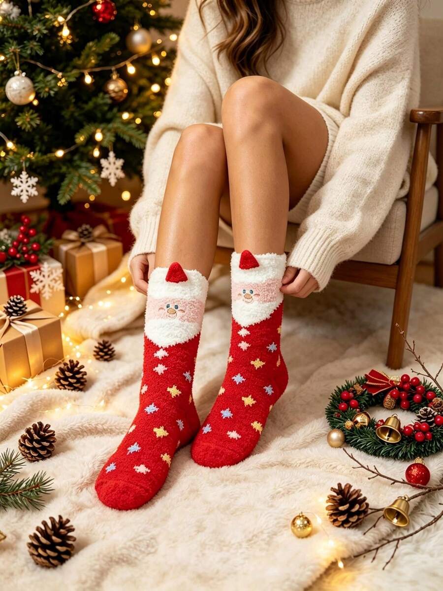 1 Pair Christmas Gift Cartoon Plush Socks, Coral Fleece Home Floor Air Conditioning Socks, Cute Warm Mid-Calf Sleep Socks - Multicolor - View 1