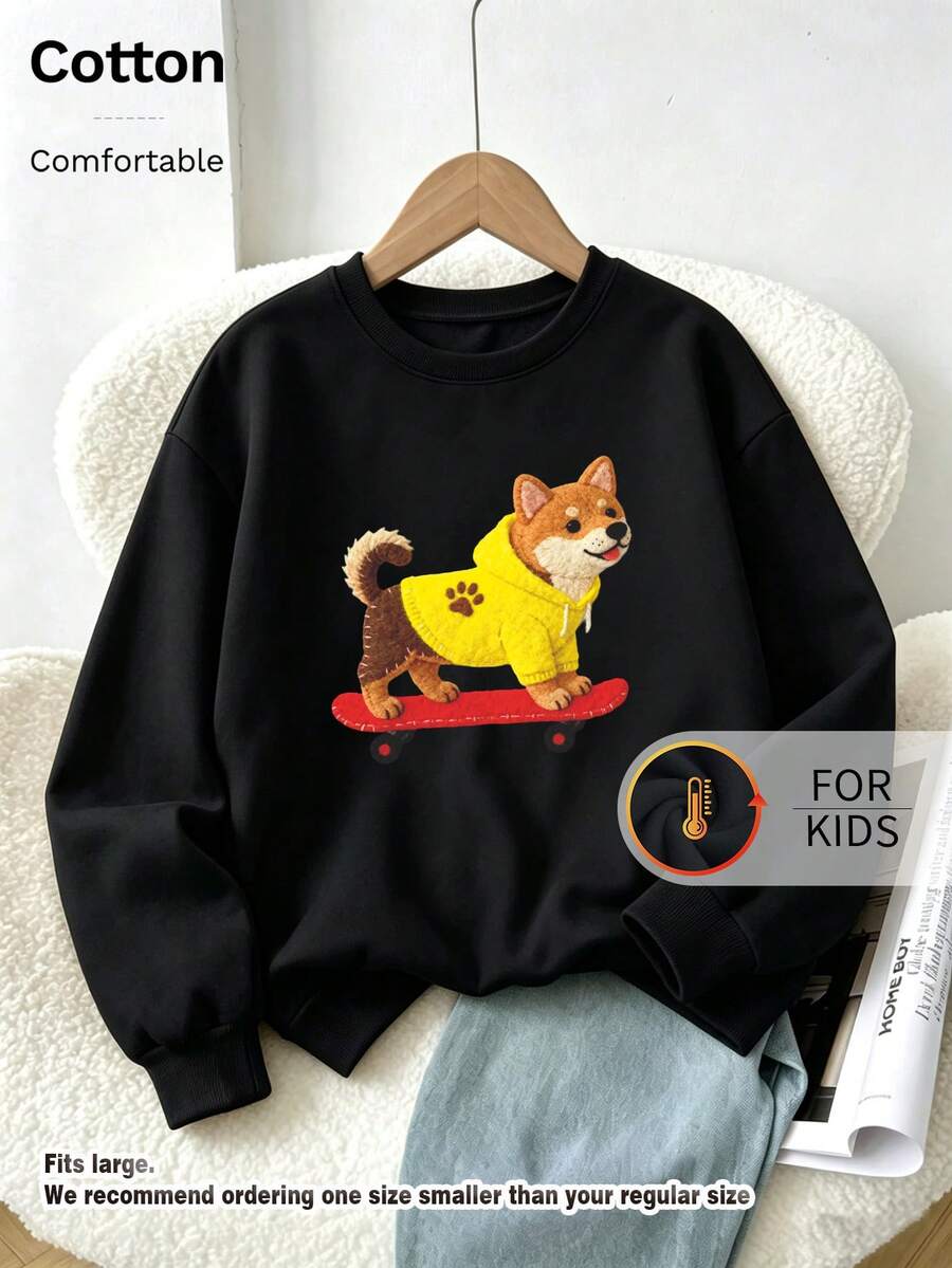 Kids Crew Neck Sweatshirt, Felt‑Style Shiba Inu Skateboard Graphic Print Cotton Pullover For Kids - Black - View 1