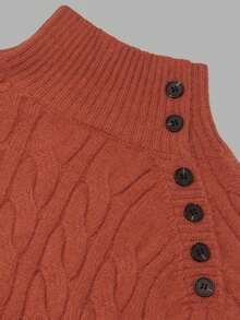 NiceArt Women's Autumn/Winter Vintage Half-High Neck Cable Knit Blended Sweater, Diagonal Button Drop Shoulder Long Sleeve Pullover, Autumn Outfit, Halloween - Red - View 4