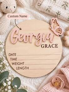 Personalized Baby Birth Announcement Plaque - Customized Name And Butterfly Pattern Wooden Newborn Milestone Commemorative Sign, Records Date, Time, Weight And Height, Suitable For Nursery Decor And Baby Shower Gift, Room Decoration - Multicolor - View 3