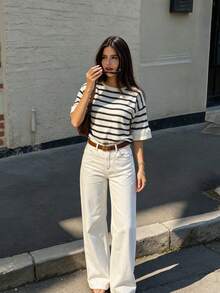 Roviva Women's Autumn Casual Commute Round Neck Loose Pullover Striped Short Sleeve Knit Top, Suitable For Party, Gathering, Holiday, Birthday Party - Multicolor - View 2