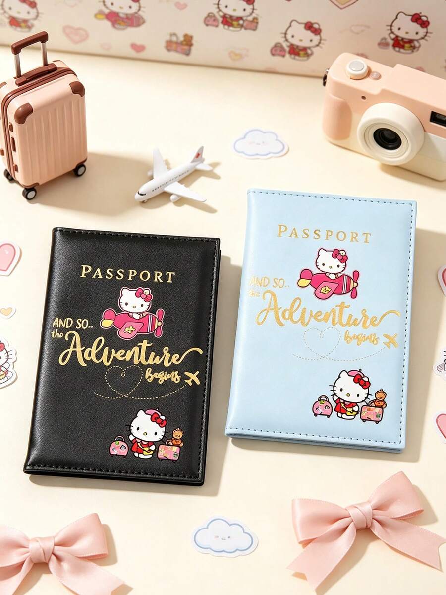 Hello Kitty Pattern PU Leather Passport Case Cover With Card Slots, Gold Letter Cute Travel Document Holder Essentials Organizer For Women Couples - Multicolor - View 1