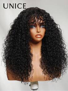 UNice Fluffy Curly Wig With Pre-Cut Bangs, Glue-Free 2*4 Lace, Natural Black, 100% Human Hair, With Drawstring, Pre-Cut Pre-Plucked, Bleached Roots, Ready-To-Wear, Suitable For Beginner Women, 150% Density - Natural Black - View 10