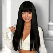 70cm Straight Hair Wig With Bangs, High Density, Natural Look, Soft And Smooth, Adjustable Cap Net, Secure Fit, Comfortable Wear, Fashionable And Elegant, Versatile, Suitable For Daily Wear, Cosplay, Christmas Costume, For All Women - Black - View 7