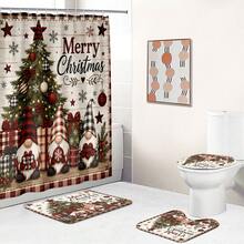 1pc/4pcs Plaid Border Gnome Christmas Tree Pattern Multi-Functional Bathroom Decor Shower Curtain Set Free 12 Hooks Premium Festive Atmosphere Bathroom Mat U-Shaped Floor Mat And Round Toilet Lid Cover Suitable For All Scenes Decoration Bathroom Set - Plaid Border Gnome Christmas Tree - View 7