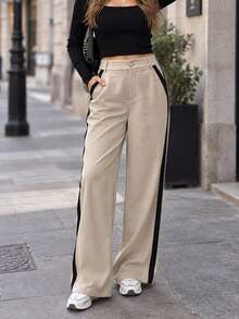Women's Elegant High-Waist Polyester Wide Leg Pants, Button & Zipper Closure, Long Non-Stretch Trousers, Side Stripe Detail - Apricot - View 7