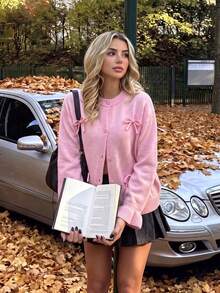 Women's SweetBalletcorePink Knit Cardigan3D Bow Decor Crew Neck SingleButton LongSleeve SweaterCasual Gentle Outerwear For Autumn Back‑To‑SchoolOutfit - Pink - View 1