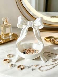 Cute Bow Jewelry Tray, Shiny Pearl Texture Ring & Earring Storage Dish, Bathroom Vanity Aesthetic Decor Organizer Box - Multicolor - View 2