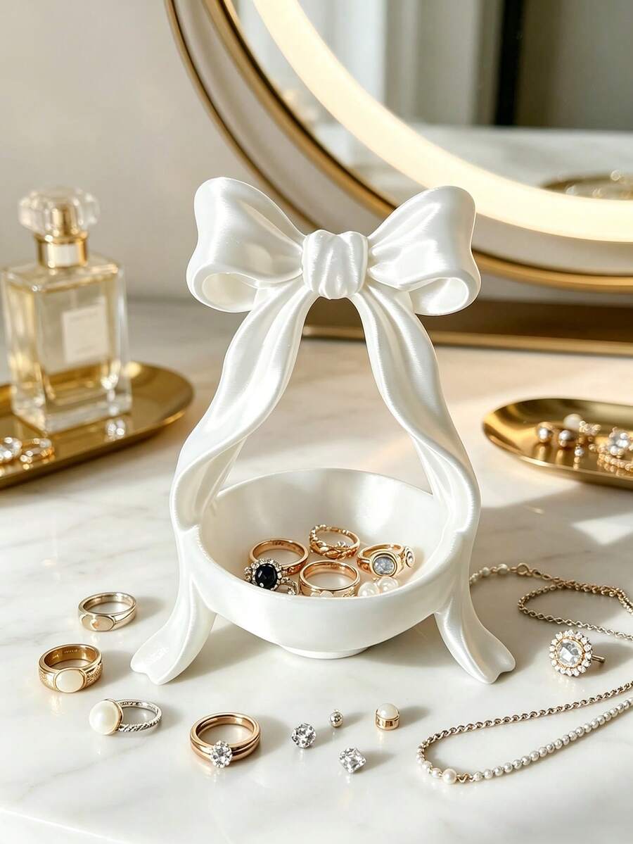 Cute Bow Jewelry Tray, Shiny Pearl Texture Ring & Earring Storage Dish, Bathroom Vanity Aesthetic Decor Organizer Box