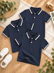 3件/包 中性兒童經典海軍藍短袖 Polo 衫，開學校服上衣，適合日常穿著、表演與團體活動 - 寶藍色 - 查看 1