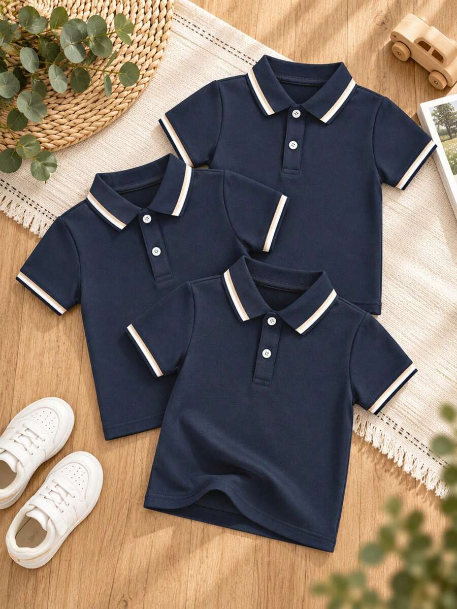 3件/包 中性兒童經典海軍藍短袖 Polo 衫,開學校服上衣,適合日常穿著、表演與團體活動 - 寶藍色 - 查看 1