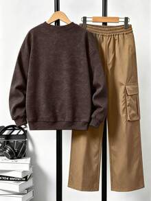 2pcs Set Big Boys Washed Style Crew Neck Sweatshirt And Cargo Pants Outfit, Cartoon Block Man Print Crew Neck Sweatshirt And Cargo Pants Matching Set, Suitable For Autumn/Winter Daily Wear - Multicolor - View 3