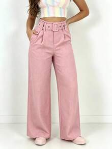 Pocket High Waist Straight Leg Pants Autumn Versatile High Waist Casual Pants Candy Color Soft Style Wide Leg - Pink - View 5