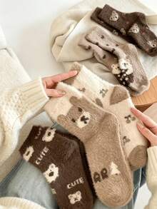 3 Pairs Randomly Shipped Vintage Cartoon Bear Plush Mid-Calf Socks Soft Mink Fur Autumn Winter Home Sleep Floor Socks - Multicolor - View 3