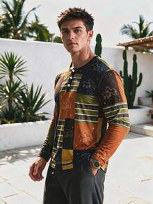 Men's Vacation American Retro Plaid Puppy Print Long Sleeve Henley Shirt - Multicolor - View 1