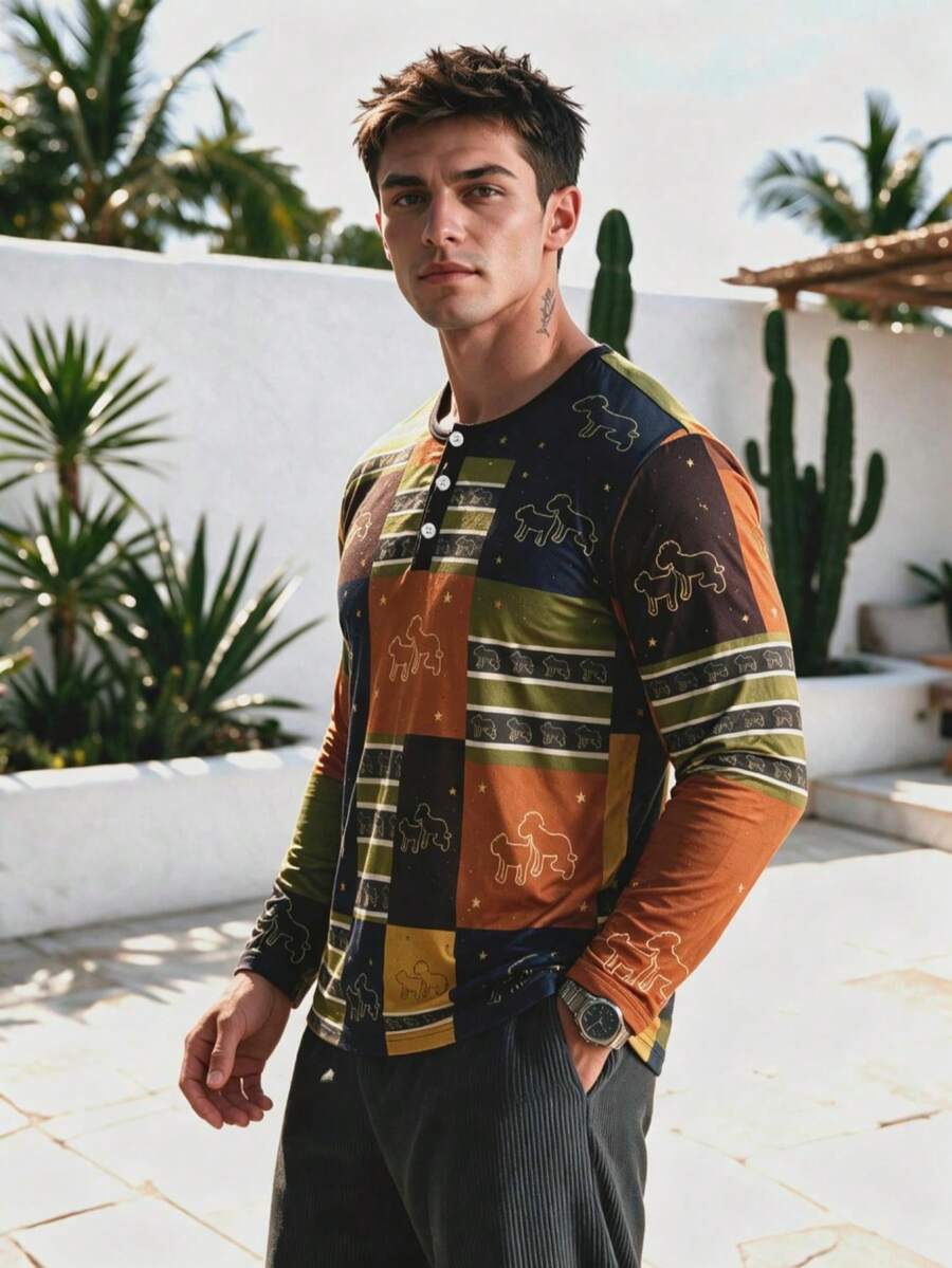 Men's Vacation American Retro Plaid Puppy Print Long Sleeve Henley Shirt - Multicolor - View 1