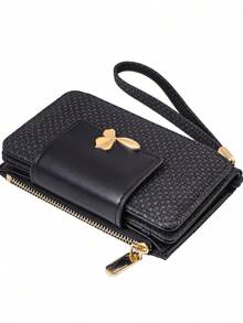 Women's Vintage Straw Weave PU Long Wallet, Multi-Functional Large Capacity Card Holder With Exquisite Metal Flower Logo, Casual Wristlet Bag Suitable For Various Occasions - Black - View 5