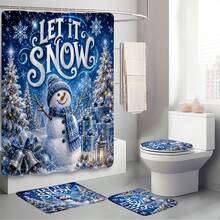 1件/4件組 藍色星空雪人圖案多功能浴室裝飾浴簾套組，附贈12個掛鉤，高級節日氛圍，含浴室地墊、U型地墊與圓形馬桶蓋套，適用於各種場景裝飾的浴室套組 - 藍色星空雪人 - 查看 9