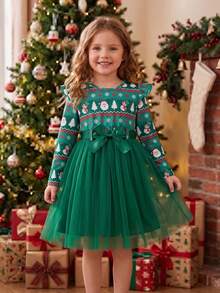 Young Girls Christmas Long Sleeve Dress, Green Mesh Tutu Dress With All-Over Print, Green Base With Ruffle Hem And Flutter Sleeves, Ribbon Bow, Santa Claus, Snowman, Christmas Tree, Snowflake, Holiday Party, Sweet Princess Style, Fashionable, Casual, Autumn/Winter, Daily Wear - Green - View 2