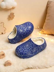 1 Pair Spider Web Pattern Fleece Slip-On Kids Shoes, Warm & Comfortable House Shoes, Suitable For Indoor & Outdoor Daily Wear - Blue - View 10