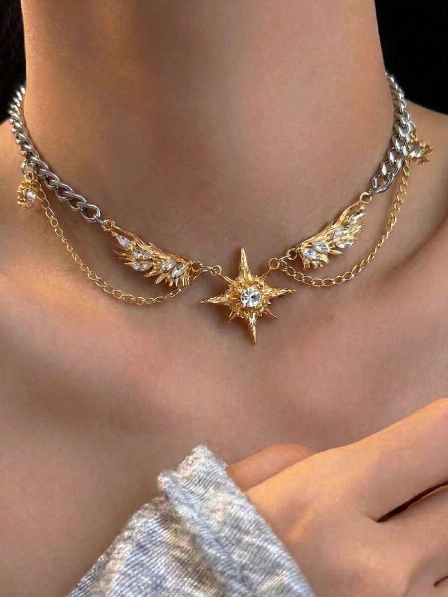 1件八角星天使之翼雙層疊戴項鍊,女款金銀對比色鎖骨鏈,鏈拼接星星吊墜,Y2K暗黑浪漫仙女風,顯白高街飾品 - 彩色 - 查看 1