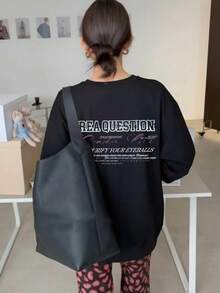 Street Style Contrast Color Retro Letter Graffiti Back Print Sweatshirt, Black Oversized Niche Personalized Autumn Crew Neck Top - Black - View 6