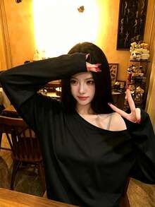 女款黑色露肩長袖T恤，高彈性聚酯纖維面料，常規長度，適合日常居家穿著 - 黑色 - 查看 3