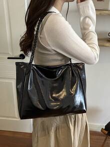 New Vintage Fashion Faux PU Leather Solid Color Tote Bag, Personalized Woven Shoulder Strap, Zipper Closure, Lightweight Minimalist, Large Capacity Casual Commuter Shoulder Bag - Black - View 3