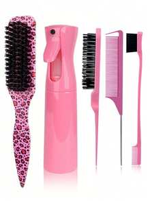 5pcs Leopard Print Tail Comb & Brush Set, Made Of Soft Bristles And ABS Material, Smooths Hair, Suitable For Home And Salon Hair Care & Styling, Travel Use - Multiple Specifications - View 10