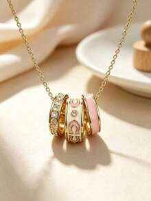 Elegant Double-Ring Enamel Layered Pendant Necklace, Gold-Tone Material, Suitable For Daily Wear, Dating And Layering Occasions - Triple Ring Necklace - View 1