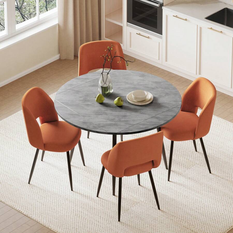 Modern White Marble Extendable Kitchen Table With Corduroy Upholstered Chairs For Dining Room, Kitchen - Grey Table + Orange Chair - View 1