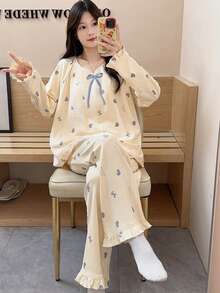 2pcs/Set Women's Autumn/Winter Pajamas, French Country Princess Style, Comfortable Breathable Loose Long Sleeve Long Pants, Spring/Autumn Floral Heart Print Loungewear Set, Fall Clothes For Women - Apricot - View 5