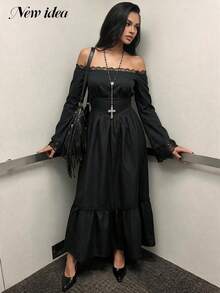 NEW IDEA elegant gotisk svart midiklänning för dam, höst/vinter, off-shoulder med spetskant och volangkant, för Halloween, utekväll, fest och utgång - Svart - Visa 4