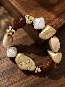 1pc Retro Exaggerated Bohemian Thick Brown Acrylic Beaded Bracelet For Women - Multicolor - View 1
