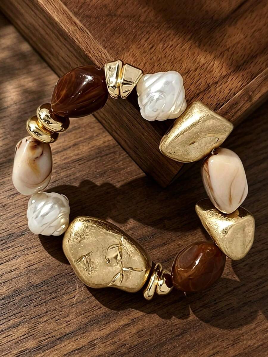 1pc Retro Exaggerated Bohemian Thick Brown Acrylic Beaded Bracelet For Women - Multicolor - View 1