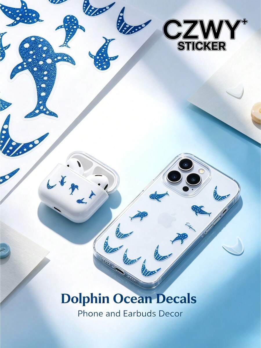 1pc Ocean Dolphin Theme Decorative Sticker, Polka Dot Dolphin With Crescent Moon Design Combination Pattern, Self-Adhesive Backing, Comes With Tweezers, Suitable For IPad, Laptop, Notebook, Earphones And Other Decorations - Whale Design - View 1