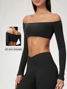 NcmRyu Women's 1pc Solid Color Off-Shoulder Long Sleeve Cropped Top, Highlights Shoulder And Neckline, Fitness Wear - Black - View 1