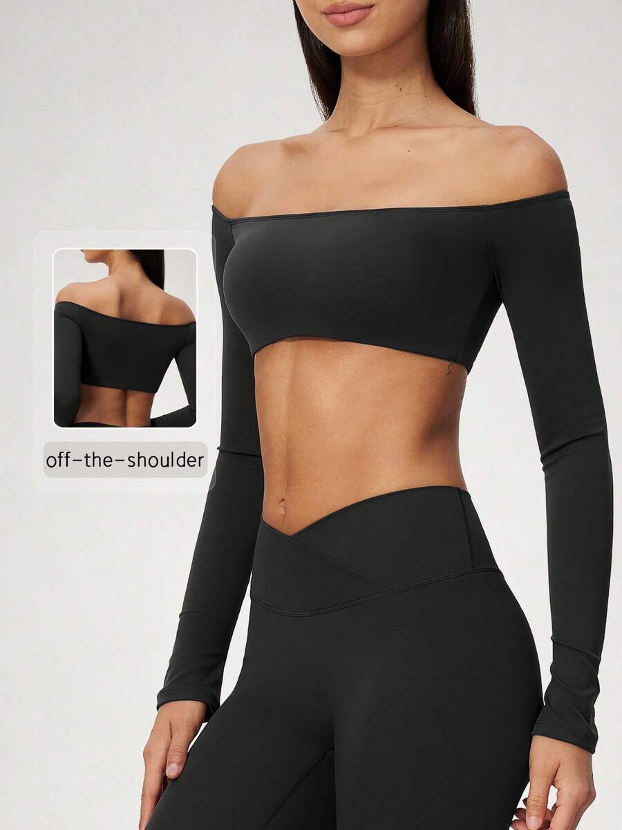 NcmRyu Women's 1pc Solid Color Off-Shoulder Long Sleeve Cropped Top, Highlights Shoulder And Neckline, Fitness Wear - Black - View 1
