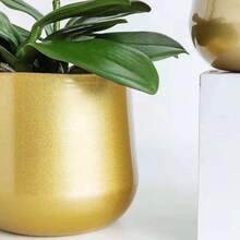 1pc Gold Metal Plant Pot, Brass Gardening Planter, Round Succulent Plant Container With Drainage Hole - Golden Vase - View 5