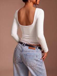 Women's Casual Sexy Minimalist Commuter Lace Neckline Top - White - View 5