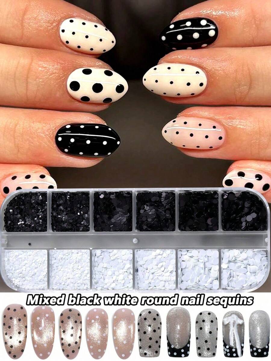 Mixed 3D Black & White Mini Polka Dot Nail Art Decor, Small Round Glitter Sequins, Shiny Handmade Nail Decoration - Multicolor - View 1