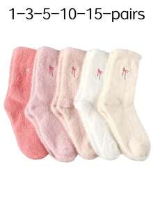 15/10/5/3/1 Pairs Bow Pattern Plush Over Knee Socks For Women, Warm And Soft, Suitable For Autumn/Winter, Also An Ideal Gift. Women's Autumn Socks - Multicolor - View 5