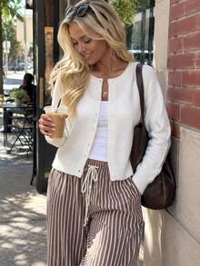Women's Plus Size Cropped Cardigan, Knit Round Neck Long Sleeve Button Up Sweater For Fall & Spring Outfits - Light Beige - View 6