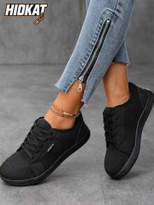Hidkat Wide Fit Round Toe Mesh Sneakers, Comfort Lace‑Up Flat Casual Shoes, Wide & Plus‑Size Feet Friendly, For Daily Outing, Work Commute, Shopping, Dating, Walking & Travel Occasions - Black - View 3