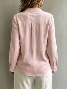 Plus Size Women's Pink Notched V-Neck Half-Button Long Sleeve Blouse, Loose Fit Single Pocket Casual Top With Roll-Up Sleeves - Pink - View 3