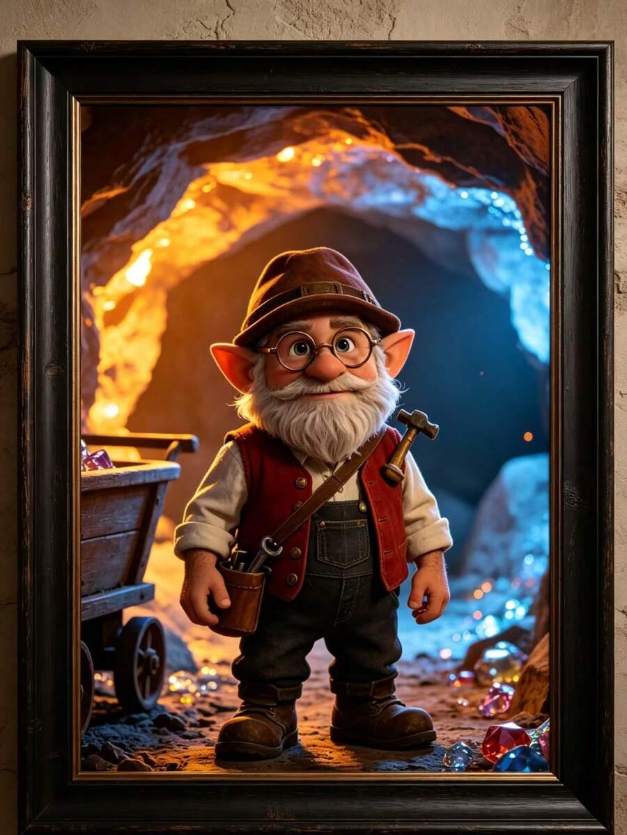 Dwarf Miner Vintage Framed Painting, Fairy Tale Mine Gemstone Decor Hanging Ornament - 1PC - View 1