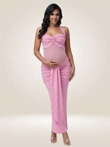 JustVH Maternity Mesh Pleated Draped Halter Backless Mermaid Hem Maxi Dress, Suitable For Baby Baptism Photography - Pink - View 4