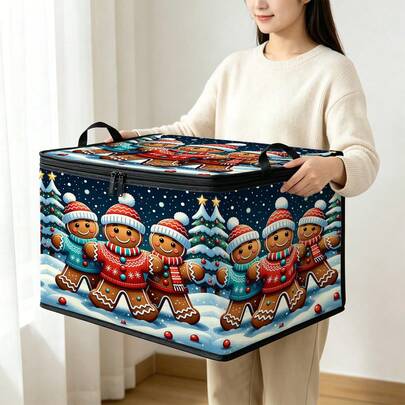 1PC Foldable Christmas Storage Box, Navy Blue Snowy Night Background, Gingerbread Man Wearing Knitted Hat, Sweater And Scarf, Christmas Tree And Snowflake Print, Fabric Storage Box With Zipper And Handle, Soft Holiday Decor Organizer, Suitable For Home Wardrobe And Bedroom