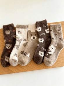 3 Pairs Randomly Shipped Vintage Cartoon Bear Plush Mid-Calf Socks Soft Mink Fur Autumn Winter Home Sleep Floor Socks - Multicolor - View 5