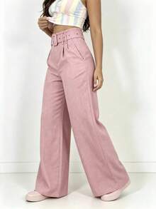 Pocket High Waist Straight Leg Pants Autumn Versatile High Waist Casual Pants Candy Color Soft Style Wide Leg - Pink - View 3